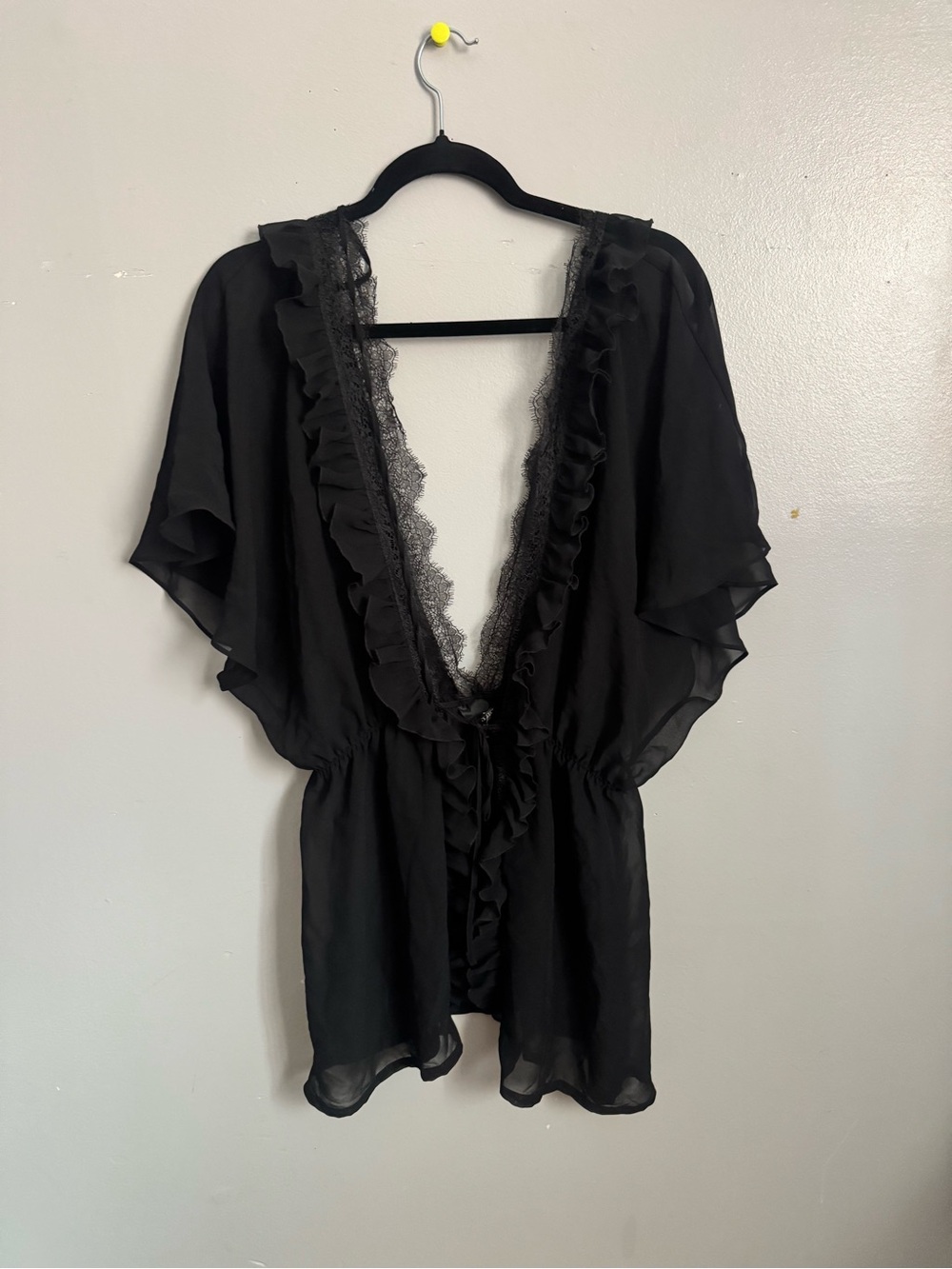 Victoria's Secret Black Sheer Lace-Trim Ruffle Robe